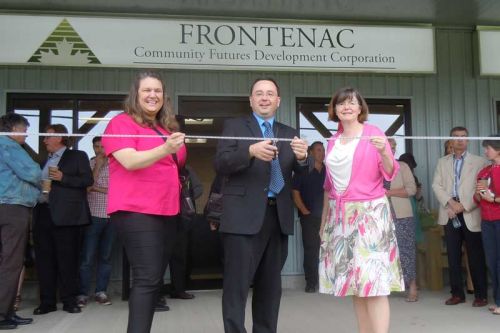 l-r: Susan Anzolin of FEDDEV, FCFDC's board chair Paul Vickers and executive director Anne Prichard cut the ribbon at the FCFDC's new home located in the Harrowsmith Plaza.